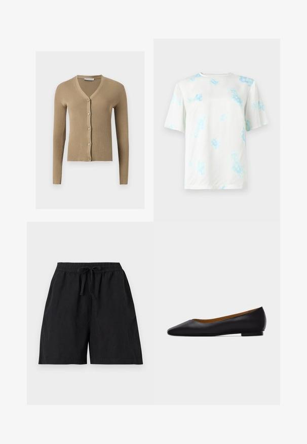 Cardigan beige en maille côtelée avec encolure en V, manches longues et cinq boutons à l'avant.; T-shirt blanc à manches courtes avec motif tie-dye floral bleu clair, col rond et coupe régulière, présenté sur un fond uni.; Short noir décontracté avec ceinture élastique et cordon à l'avant, avec poches latérales et coupe ample.; Chaussure plate en cuir noir à bout pointu avec talon bas et finition lisse, vue de côté sur un fond gris clair.