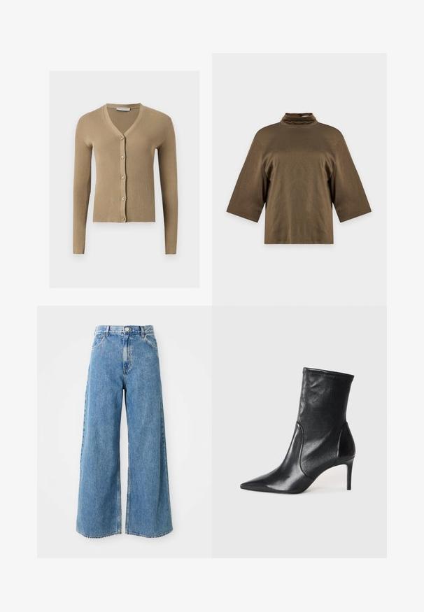Beige Rippenstrick-Cardigan mit V-Ausschnitt, langen Ärmeln und fünf vorderen Knöpfen.; Braunes locker sitzendes Hemd mit Dreiviertelärmeln und kleinem gerafftem Stehkragen auf einfarbigem Hintergrund.; Hochbundige, hellblaue, weit geschnittene Jeans mit Frontknopf, Reißverschluss und Fronttaschen auf weißem Hintergrund.; Schwarze Stiefeletten aus glattem Leder, mit einer spitzen Zehe, schmalem Schaft und schlanker, hoher Ferse. Minimalistisches Design ohne sichtbare Beschläge.