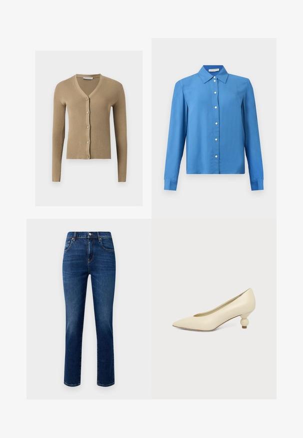 Beige ribstrikket cardigan med V-hals, lange ærmer og fem knapper foran.; Blå langærmet skjorte med knapper, spids krave og hvide knapper, vist på en ensfarvet baggrund.; Mørkeblå denimjeans med lige ben, fem lommer og metalknaplukning foran. Glat tekstur, ingen synlige mønstre.; Kremfarvet damesko med spids snude og lav hæl, hvor hælen er rund og kugleformet, på en ensfarvet baggrund.