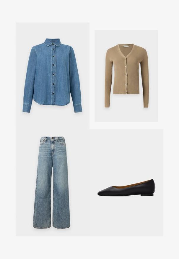 Cardigan beige en maille côtelée avec encolure en V, manches longues et cinq boutons à l'avant.; Chemise en denim bleu à manches longues avec col et boutons noirs, ourlet légèrement arrondi, posée à plat sur un fond blanc.; Jean large de couleur bleu clair en denim, présentant une taille haute, une texture délavée, un design à cinq poches et des coutures contrastantes.; Chaussure plate en cuir noir à bout pointu avec talon bas et finition lisse, vue de côté sur un fond gris clair.