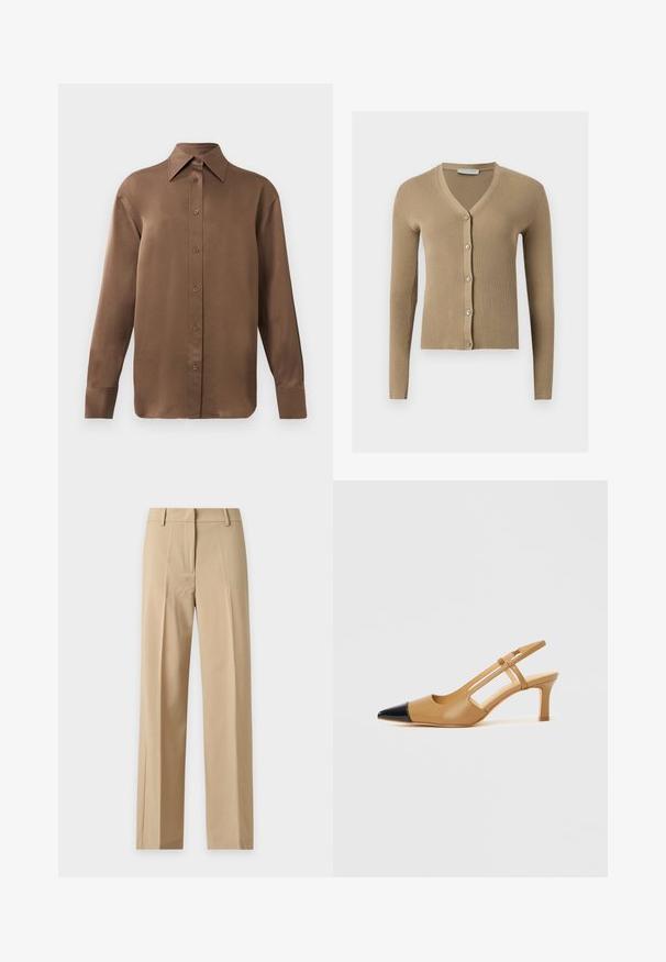 Cárdigan de punto beige acanalado con escote en V, mangas largas y cinco botones delanteros.; Camisa de botones de manga larga marrón con cuello y puños puntiagudos, exhibida sobre un fondo blanco liso.; Pantalones beige de tiro recto con trabillas para cinturón, pliegue frontal y cierre frontal oculto, mostrados sobre un fondo claro y liso.; Tacones slingback color tostado con puntera negra puntiaguda, con laterales recortados y tacón cuadrado de altura media. Material de cuero liso.