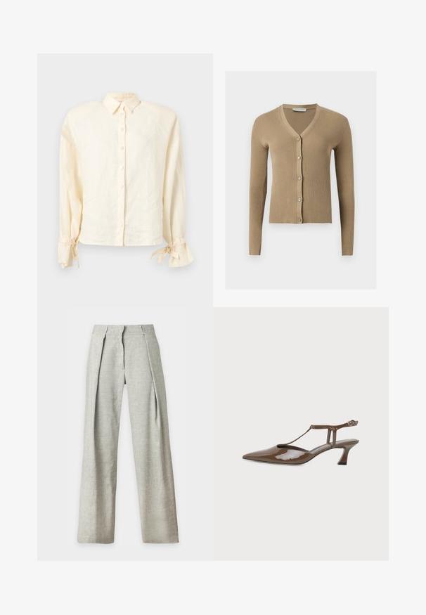 Cardigan beige en maille côtelée avec encolure en V, manches longues et cinq boutons à l'avant.; Chemise boutonnée crème à manches longues avec col pointu et nœuds noués aux poignets sur un fond clair.; Pantalon large taille haute en lin gris clair avec plis devant et fermeture éclair dissimulée, présenté sur fond blanc.; Chaussure slingback en cuir verni marron, bout pointu, petit talon kitten, fine bride en T et fermeture à boucle à la cheville.