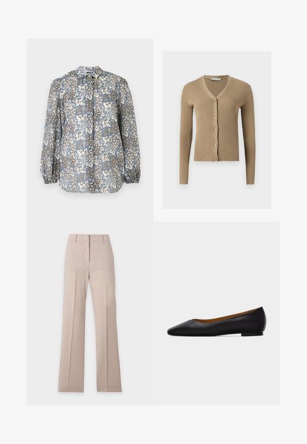 Cardigan beige en maille côtelée avec encolure en V, manches longues et cinq boutons à l'avant.; Blouse à manches longues avec motif floral bleu, blanc et noir, devant boutonné, poignets froncés sur fond gris clair.; Pantalon beige à jambes droites avec passants de ceinture et pli devant, présenté à plat sur fond blanc.; Chaussure plate en cuir noir à bout pointu avec talon bas et finition lisse, vue de côté sur un fond gris clair.