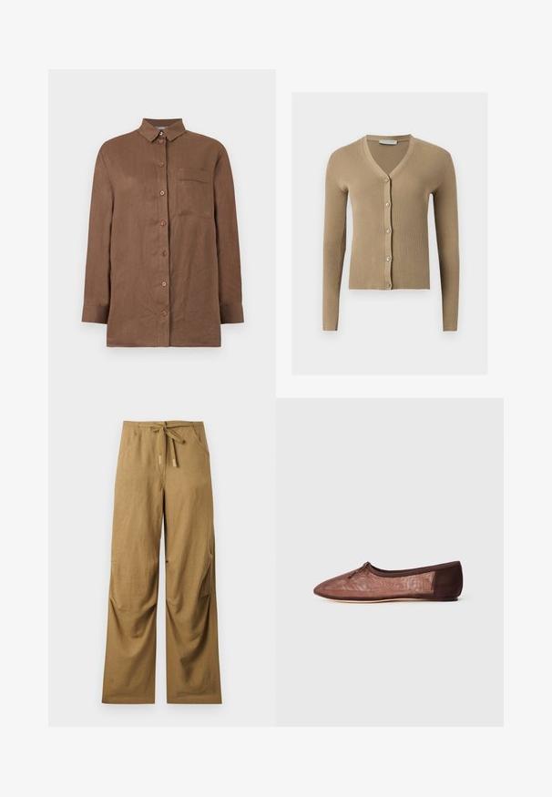 Cardigan beige en maille côtelée avec encolure en V, manches longues et cinq boutons à l'avant.; Chemise marron à manches longues avec boutons, col et une poche poitrine unique, en tissu texturé.; Pantalon marron à jambes larges avec poches avant et ceinture à nouer à la taille, en tissu léger.; Ballerines marron avec une tige lisse et un éclat délicat, un bout arrondi, un feston élastiqué et des accents tonals subtils au niveau du talon.