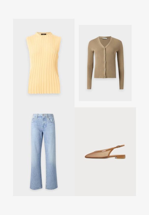Cardigan beige en maille côtelée avec encolure en V, manches longues et cinq boutons à l'avant.; Haut sans manches jaune pâle en maille côtelée avec un col rond haut et des rayures texturées verticales.; Jean en denim bleu clair taille haute avec fermeture par bouton et zip, poches avant et jambes larges légèrement évasées.; Chaussure plate marron à bride arrière avec bout pointu, dessus en mesh, finition vernie et petit talon bloc, vue de profil.