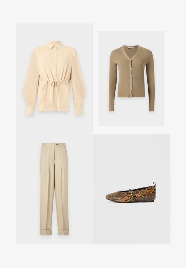 Cardigan beige en maille côtelée avec encolure en V, manches longues et cinq boutons à l'avant.; Chemise beige à manches longues avec col, boutons sur le devant et cordon de serrage à la taille, présentée sur un fond gris clair uni.; Pantalon beige taille haute avec plis, passants pour ceinture, fermeture par bouton et zip, et ourlets retroussés sur un fond uni.; Ballerine en simili motif peau de serpent avec des nuances de brun et de noir. Dotée d'une bride noire et d’un détail en métal doré. Texture lisse.
