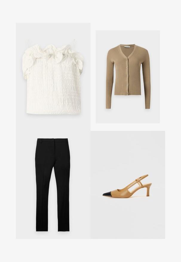 Beige geribbelde gebreide cardigan met V-hals, lange mouwen en vijf knopen aan de voorkant.; Hofmann Copenhagen EXCLUSIVE GENEVIVE - Top - off white; Zwarte op maat gemaakte pantalon met riemlussen, voorsluiting met rits en smalle rechte pijpen, weergegeven tegen een effen witte achtergrond.; Beige slingbackhakken met een spitse zwarte neuskap, met uitgeholde zijkanten en een blokhak van gemiddelde hoogte. Glad leermateriaal.