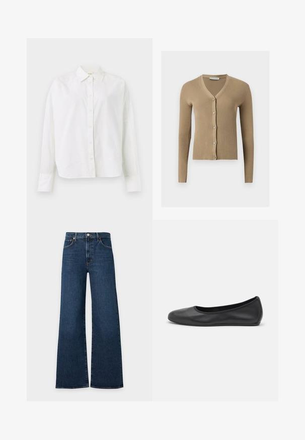 Cardigan beige en maille côtelée avec encolure en V, manches longues et cinq boutons à l'avant.; Chemise blanche à manches longues à boutons avec col pointu et poignets, présentée sur un fond blanc uni.; Jean en denim bleu foncé à jambes larges avec bouton à l'avant, fermeture éclair et design à cinq poches sur fond gris clair.; Ballerines en cuir noir avec un bout rond, texture lisse, détails de couture minimalistes et design de semelle flexible.