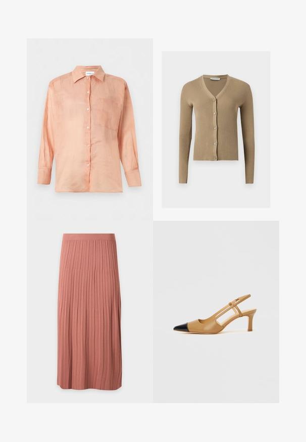 Cardigan beige en maille côtelée avec encolure en V, manches longues et cinq boutons à l'avant.; Chemise à manches longues couleur pêche claire avec col et une poche poitrine, présentée sur un fond blanc uni.; Jupe midi plissée couleur rose poudré avec large ceinture côtelée et larges plis verticaux sur tissu texturé.; Escarpins slingback couleur fauve avec embout pointu noir, côtés découpés et talon bloc de hauteur moyenne. Matière en cuir lisse.