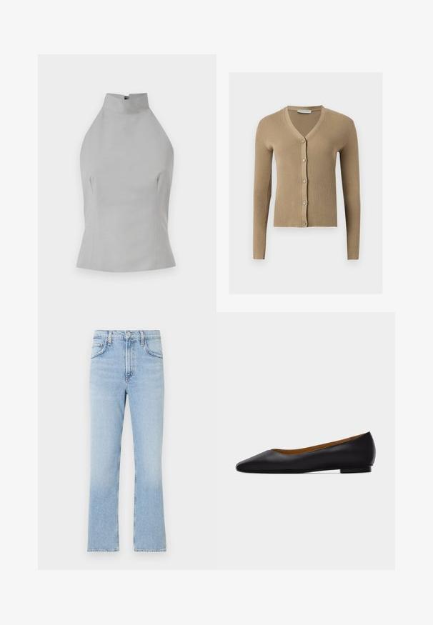 Cárdigan de punto beige acanalado con escote en V, mangas largas y cinco botones delanteros.; Top halter gris con un cuello alto, ajuste entallado, textura suave y detalles de costura en los laterales. Sin cierres visibles.; Jeans de mezclilla azul claro con un diseño de pierna recta, cintura alta y un ligero desgaste. Presenta el clásico estilo de cinco bolsillos y una cremallera en la bragueta.; Zapato plano de punta puntiaguda de cuero negro con tacón bajo y acabado liso, mostrado de perfil sobre un fondo gris claro.