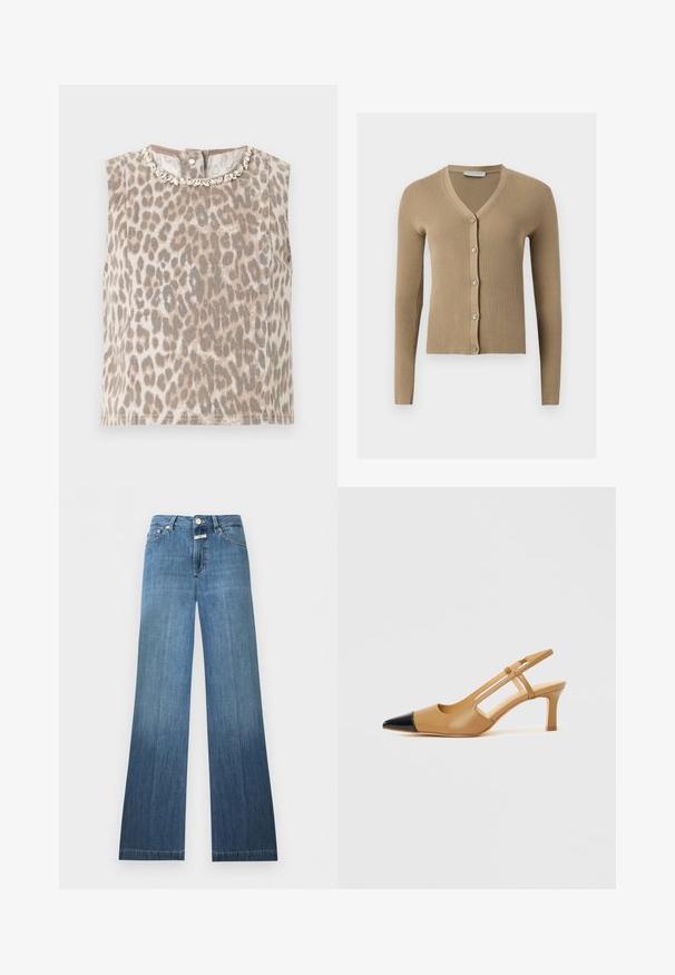 Cardigan beige en maille côtelée avec encolure en V, manches longues et cinq boutons à l'avant.; Haut beige sans manches avec imprimé léopard gris, col rond orné d’embellissements argentés en forme de feuilles, et fermeture par boutons dans le dos.; Jean en denim bleu à taille haute, fermeture à boutons, poches avant et arrière, et légère évasement en bas.; Escarpins slingback couleur fauve avec embout pointu noir, côtés découpés et talon bloc de hauteur moyenne. Matière en cuir lisse.