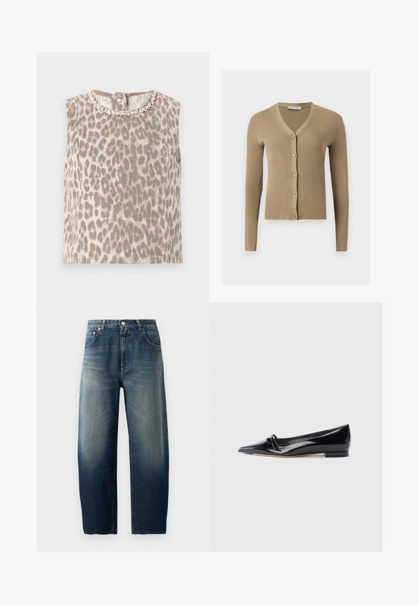 Cardigan beige en maille côtelée avec encolure en V, manches longues et cinq boutons à l'avant.; Haut beige sans manches avec imprimé léopard gris, col rond orné d’embellissements argentés en forme de feuilles, et fermeture par boutons dans le dos.; Jean droit en denim bleu avec un lavage délavé, fermeture par boutons à l'avant et cinq poches.; Chaussure plate en cuir verni noir avec un bout pointu, une petite lanière décorative et un petit talon carré. Texture lisse et design épuré.