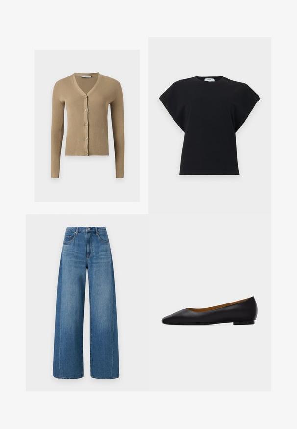 Beige Rippenstrick-Cardigan mit V-Ausschnitt, langen Ärmeln und fünf vorderen Knöpfen.; Schwarzes Baumwoll-T-Shirt mit lockerem Schnitt, kurzen Cap-Ärmeln und Rundhalsausschnitt. Ohne Muster oder Verzierungen. Schlichtes Design.; Hellebluejeans mit weitem Bein und mittlerem Wasch-Effekt, mit hoher Taille, fünf Taschen und subtilen Abnutzungen. Aus Denim mit einer glatten Textur gefertigt.; Schwarzer flacher Schuh aus Leder mit spitz zulaufender Vorderkappe, niedrigem Absatz und glatter Oberfläche, von der Seite vor einem hellgrauen Hintergrund dargestellt.