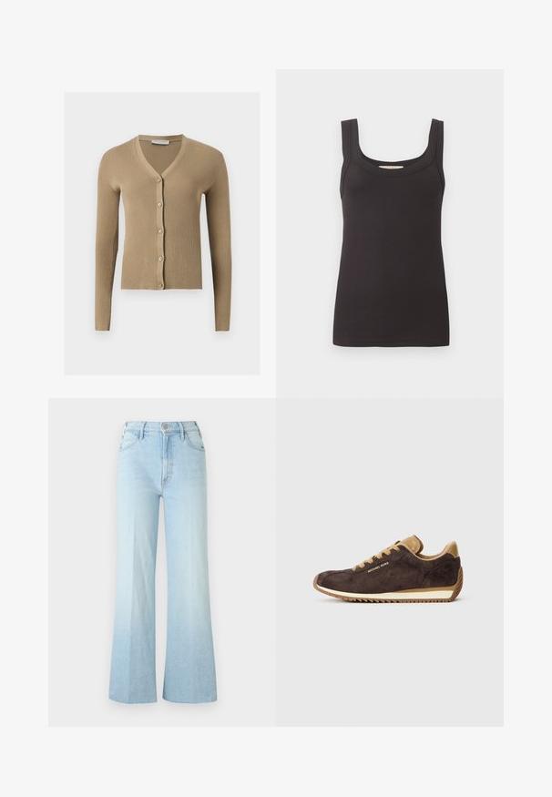 Cardigan beige en maille côtelée avec encolure en V, manches longues et cinq boutons à l'avant.; Débardeur noir côtelé sans manches avec larges bretelles et encolure carrée, posé à plat sur un fond uni clair.; Jean bleu clair taille haute à jambes larges avec bouton devant, fermeture éclair et poches, présenté sur un fond blanc uni.; Baskets en daim marron avec des accents en cuir beige, dotées de lacets ronds, d'une semelle en caoutchouc beige et du logo "Michael Kors" sur le côté extérieur.