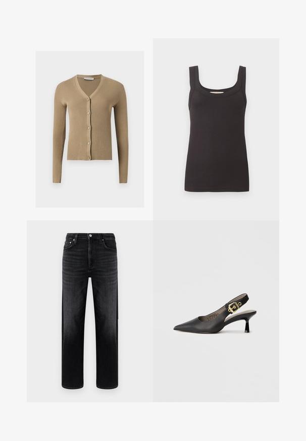Beige ribstrikket cardigan med V-hals, lange ærmer og fem knapper foran.; Sort ribstrikket ærmeløs tanktop med brede stropper og firkantet udskæring, fladt lagt på en ensfarvet lys baggrund.; Sorte denimjeans med afslappet pasform, lige ben og minimal falmning. Har knaplukning, fem lommer og diskrete syningsdetaljer.; Sort slingback højhælt sko med spids tå, glat læderstruktur og en guldfarvet spændeaccent på remmen.