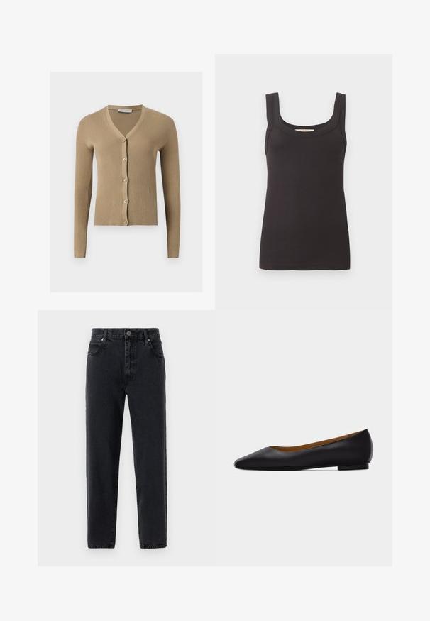 Beige ribstrikket cardigan med V-hals, lange ærmer og fem knapper foran.; Sort ribstrikket ærmeløs tanktop med brede stropper og firkantet udskæring, fladt lagt på en ensfarvet lys baggrund.; Sorte denimbukser med lige ben, der har fem lommer, knaplukning og synlige stikninger.; Sort læder flad sko med spids tå, lav hæl og glat finish, vist fra siden på en lysegrå baggrund.