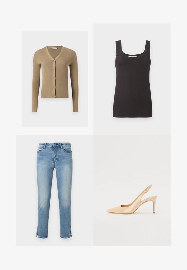 Cardigan beige en maille côtelée avec encolure en V, manches longues et cinq boutons à l'avant.; Débardeur noir côtelé sans manches avec larges bretelles et encolure carrée, posé à plat sur un fond uni clair.; Jean en denim bleu clair délavé avec bouton à l'avant, poches et fentes aux chevilles des deux côtés, présenté sur fond blanc.; Escarpin slingback en cuir verni nude avec un bout pointu, un décolleté ouvert et un talon aiguille fin. Comprend un accent doré circulaire sur la sangle.