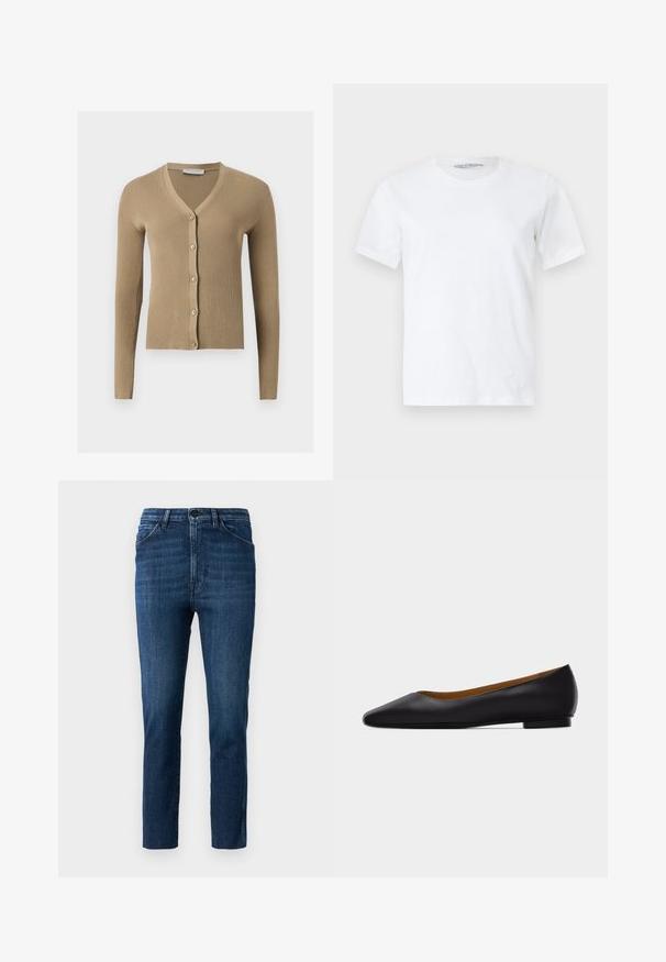 Beige geribbelde gebreide cardigan met V-hals, lange mouwen en vijf knopen aan de voorkant.; Effen wit T-shirt met korte mouwen en ronde hals, plat gelegd op een lichte achtergrond, vooraanzicht met een klein zichtbaar merketiket in de kraag.; Blauwe slim-fit jeans met een klassiek vijf-pocket ontwerp en knoopsluiting, voorzien van subtiele vervaging en een schone rechte pijp.; Zwarte leren puntschoen met lage hak en gladde afwerking, zijaanzicht op een lichtgrijze achtergrond.