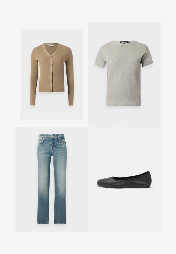 Beige Rippenstrick-Cardigan mit V-Ausschnitt, langen Ärmeln und fünf vorderen Knöpfen.; Hellgraues kurzärmeliges Baumwoll-T-Shirt mit Rundhalsausschnitt und sichtbarem schwarzem Label im Kragen mit der Aufschrift "DENIM" und Größe "S".; Blaue Jeans aus Denim mit geradem Bein, mit ausgebleichten Bereichen, fünf Taschen-Design und Metallknopfverschluss an der Taille.; Schwarze Leder-Ballettschuhe mit abgerundeter Spitze, glatter Textur, minimalen Nähdetails und einem flexiblen Sohlen-Design.
