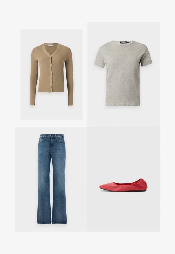 Beige geribbelde gebreide cardigan met V-hals, lange mouwen en vijf knopen aan de voorkant.; Lichtgrijs katoenen T-shirt met korte mouwen en ronde hals, met een zichtbaar zwart label in de kraag met de tekst "DENIM" en maat "S".; Blauwe spijkerbroek met een wijd uitlopende snit, knoop- en ritsluiting, en voor- en achterzakken, gepresenteerd op een effen witte achtergrond.; Filippa K REY FLATS - Ballerina's - bright red