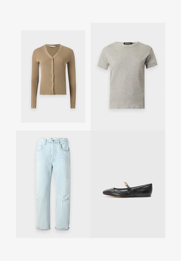 Beige geribbelde gebreide cardigan met V-hals, lange mouwen en vijf knopen aan de voorkant.; Lichtgrijs katoenen T-shirt met korte mouwen en ronde hals, met een zichtbaar zwart label in de kraag met de tekst "DENIM" en maat "S".; Lichtblauwe denim jeans met een relaxte pasvorm, voorzien van verwassen scheuren aan de voorkant, opgerolde manchetten en een klassieke vijf-pocket stijl.; Zwarte leren balletschoenen met een spitse neus, een slanke band en een klein gouden accent nabij de band. Gladde textuur en een lage hak.
