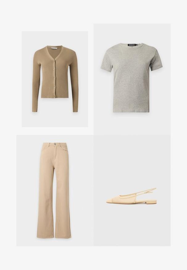 Cardigan beige en maille côtelée avec encolure en V, manches longues et cinq boutons à l'avant.; T-shirt en coton gris clair à manches courtes et col rond avec une étiquette noire visible à l'intérieur du col indiquant "DENIM" et la taille "S."; Pantalon beige taille haute, jambes larges, fermeture à boutons devant, poches avant et arrière, présenté sur fond blanc.; Chaussure plate slingback en beige clair avec une tige en maille, un bout pointu et un petit talon. Dotée d'une sangle ajustable pour un bon maintien.