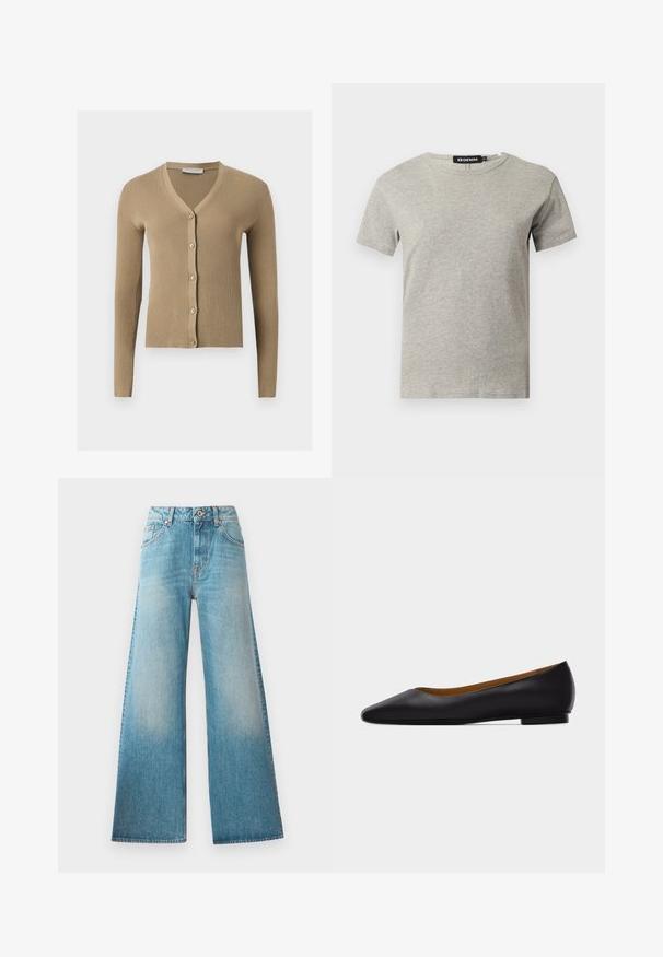 Cárdigan de punto beige acanalado con escote en V, mangas largas y cinco botones delanteros.; Camiseta de algodón gris claro de manga corta con cuello redondo y etiqueta negra visible dentro del cuello que dice "DENIM" y talla "S".; Jeans de mezclilla de tiro alto en denim azul claro, con piernas anchas, diseño de cinco bolsillos y un ligero desvanecimiento a lo largo de los muslos. Detalles de herrajes en color cobre.; Zapato plano de punta puntiaguda de cuero negro con tacón bajo y acabado liso, mostrado de perfil sobre un fondo gris claro.