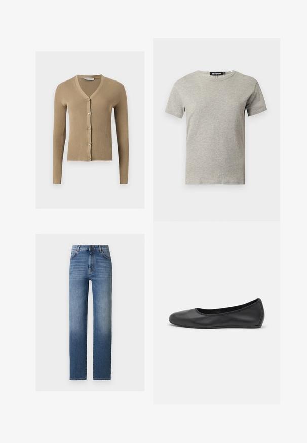 Cardigan beige en maille côtelée avec encolure en V, manches longues et cinq boutons à l'avant.; T-shirt en coton gris clair à manches courtes et col rond avec une étiquette noire visible à l'intérieur du col indiquant "DENIM" et la taille "S."; Jean bleu moyen taille haute à jambes droites avec bouton frontal, fermeture éclair, et poches avant et arrière sur un fond blanc.; Ballerines en cuir noir avec un bout rond, texture lisse, détails de couture minimalistes et design de semelle flexible.