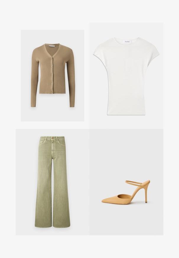 Cardigan beige en maille côtelée avec encolure en V, manches longues et cinq boutons à l'avant.; Chemise blanche à manches courtes en tissu côtelé doux. Encolure ras du cou ; coupe décontractée avec des manches légèrement bouffantes. Étiquette de la marque visible au niveau de l'encolure.; Jean vert à jambes larges en denim doux, avec une taille haute, des poches avant et des détails de couture subtils.; Chaussure à talon aiguille beige à bout pointu avec une fine bride de cheville sur fond blanc.