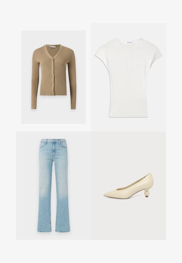 Cárdigan de punto beige acanalado con escote en V, mangas largas y cinco botones delanteros.; Camisa blanca de manga corta hecha de una suave tela de canalé. Cuello redondo; corte holgado con ligeras mangas tipo capucha. Etiqueta de la marca visible en el cuello.; Jeans acampanados de color azul claro fabricados en denim, con una cintura alta, diseño de cinco bolsillos y un acabado desgastado para un efecto vintage.; Zapato de mujer color crema con punta afilada y tacón bajo, con tacón redondo en forma de bola, sobre un fondo liso.