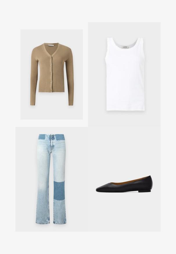 Beige geribbelde gebreide cardigan met V-hals, lange mouwen en vijf knopen aan de voorkant.; Witte mouwloze geribbelde tanktop met ronde hals en subtiele kanten rand langs de randen, getoond op een eenvoudige achtergrond.; Lichtblauwe denim flared jeans met een contrasterende donkerblauwe patch op elk been. Heeft een hoge taille en gestikte details langs de naden.; Zwarte leren puntschoen met lage hak en gladde afwerking, zijaanzicht op een lichtgrijze achtergrond.