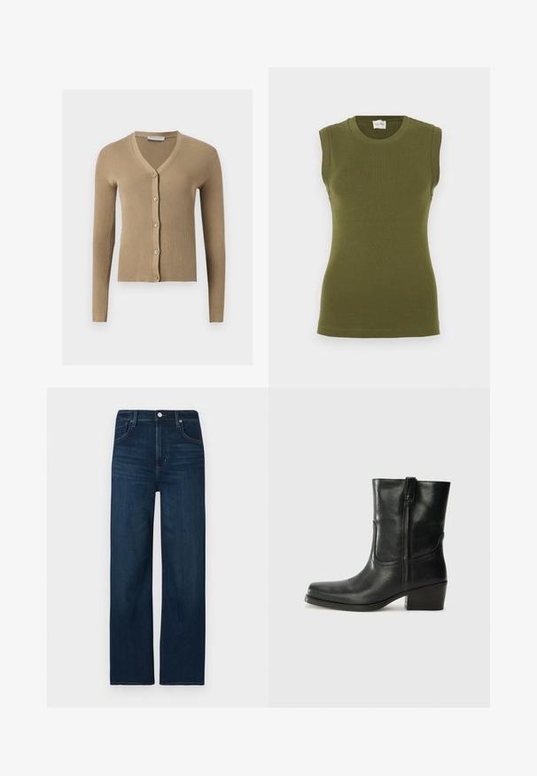 Beige geribbelde gebreide cardigan met V-hals, lange mouwen en vijf knopen aan de voorkant.; Mouwloos oliën groen tanktop gemaakt van een gladde, rekbare stof. Heeft een ronde halslijn en een getailleerd silhouet zonder zichtbare naden.; Donkerblauwe spijkerbroek met een rechte pijp, voorzien van een knoop- en ritssluiting, subtiele stiksel details en een vijfzakken ontwerp.; Zwarte leren enkellaars met een ronde neus, blokhak, zijrits en stikselaccenten op de wreef. Gladde textuur, klassiek ontwerp.