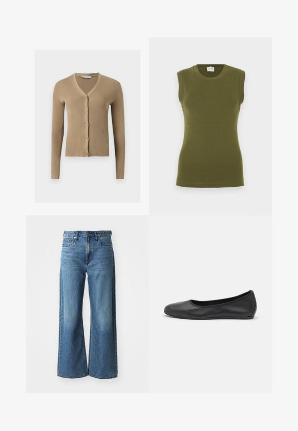 Cardigan beige en maille côtelée avec encolure en V, manches longues et cinq boutons à l'avant.; Débardeur sans manches vert olive fabriqué dans un tissu lisse et extensible. Présente un col rond et une silhouette ajustée sans coutures visibles.; Jean en denim bleu à jambes larges avec une taille mi-haute, cinq poches et un léger dégradé. Caractéristiques : passants de ceinture et détails cousus.; Ballerines en cuir noir avec un bout rond, texture lisse, détails de couture minimalistes et design de semelle flexible.