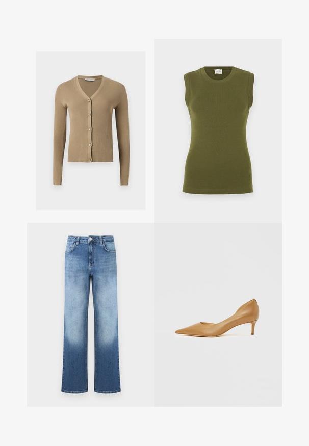 Cardigan beige en maille côtelée avec encolure en V, manches longues et cinq boutons à l'avant.; Débardeur sans manches vert olive fabriqué dans un tissu lisse et extensible. Présente un col rond et une silhouette ajustée sans coutures visibles.; Jean en denim bleu taille haute avec un dégradé passant du bleu clair au bleu plus foncé, équipé de poches avant et d'une fermeture à bouton.; Escarpin en cuir marron à bout pointu avec un petit talon, présentant un design ajouré sur le côté pour plus de détails et une texture lisse.