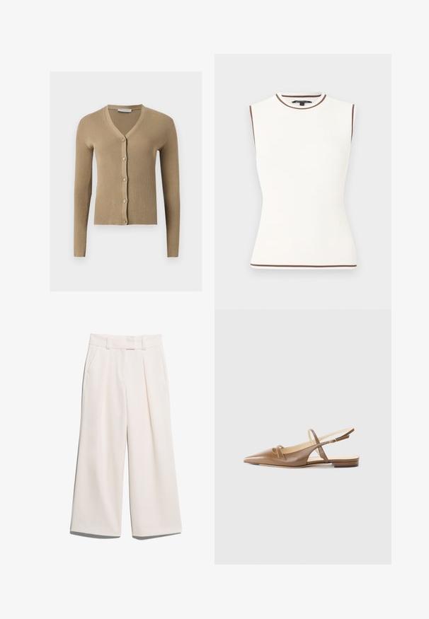Beige geribbelde gebreide cardigan met V-hals, lange mouwen en vijf knopen aan de voorkant.; Mouwloze witte geribbelde top met bruine afwerking aan de halslijn, armsgaten en zoom, getoond op een effen achtergrond.; Brede broekspijpen in een lichte crèmekleur, gemaakt van gladde stof met twee voorzakken en zichtbare stiksels op de tailleband.; Bruine leren slingback schoenen met een spitse neus, twee smalle banden en een lage hak. Gladde textuur met een gepolijste afwerking.