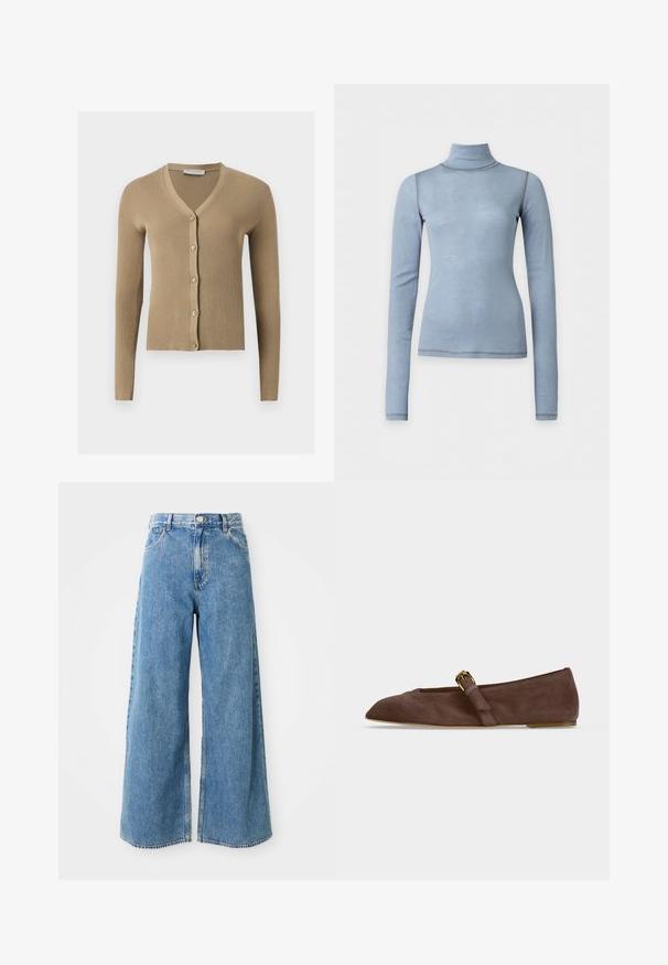 Cardigan beige en maille côtelée avec encolure en V, manches longues et cinq boutons à l'avant.; Haut à manches longues col roulé bleu clair avec silhouette ajustée et coutures visibles aux épaules et à l'ourlet sur fond blanc uni.; Jean en denim léger bleu clair à taille haute, avec fermeture à boutons et à glissière à l'avant, et poches avant sur fond blanc.; Chaussure plate en daim marron avec bout pointu et bride à boucle dorée sur le côté, vue de profil sur fond blanc.