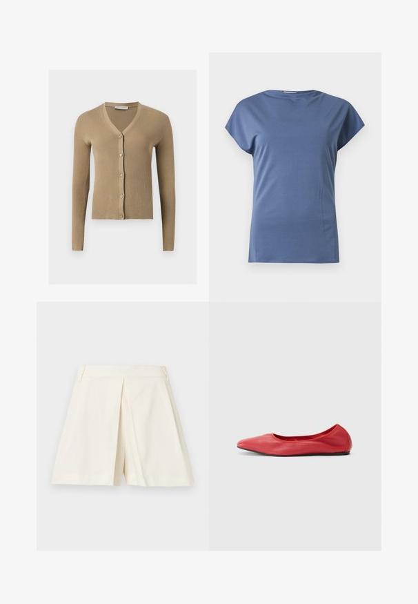 Cardigan beige en maille côtelée avec encolure en V, manches longues et cinq boutons à l'avant.; T-shirt bleu à manches courtes avec col rond et coupe ample, présenté sur un fond clair uni.; Shorts ajustés couleur crème avec pli devant et passants de ceinture, présentés sur fond blanc.; Filippa K REY FLATS - Ballerines - bright red