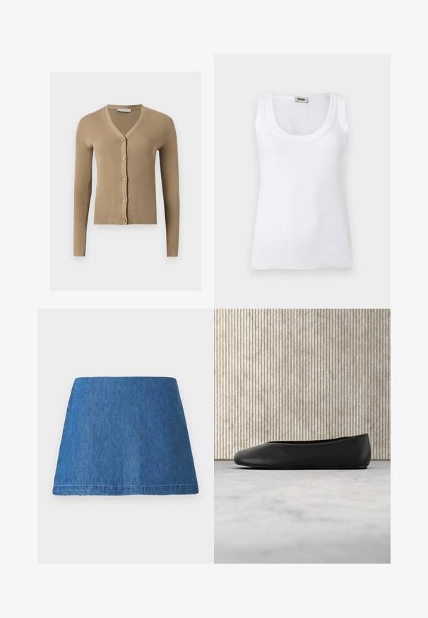 Beige ribstrikket cardigan med V-hals, lange ærmer og fem knapper foran.; Hvid ribbet ærmeløs tanktop med rund halsudskæring og mærkelabel ved kraven bagpå, vist på en ensfarvet hvid baggrund.; Denim mini nederdel i en mellemblå tone, med en klassisk A-form, ren kant og uden synlige udsmykninger eller mønstre.; Sorte læder balletflade med en rund tå, glat tekstur og en gulds logoaccent på siden. Placeret over en reflekterende overflade.