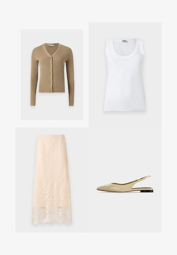 Cardigan beige en maille côtelée avec encolure en V, manches longues et cinq boutons à l'avant.; Débardeur blanc côtelé sans manches avec encolure dégagée et étiquette de marque au dos du col, présenté sur un fond blanc uni.; Jupe midi couleur crème avec une superposition en dentelle florale complexe et un ourlet festonné, présentée à plat sur un fond blanc.; Chaussure plate beige à bout pointu avec bride arrière, petit talon noir et finition en cuir lisse, vue de côté sur un fond uni.