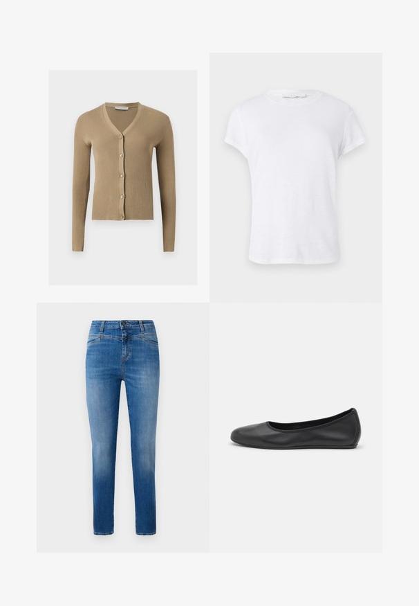 Beige geribbelde gebreide cardigan met V-hals, lange mouwen en vijf knopen aan de voorkant.; Witte t-shirt met korte mouwen en een ronde hals, gemaakt van lichte stof, met een eenvoudig, strak ontwerp zonder versieringen.; Klassieke blauwe denim jeans met een rechte pijp, ontworpen met een middelhoge taille, voorzakken en oranje stiksels.; Zwarte leren ballerina met een ronde neus, gladde textuur, minimale stikdetails en een flexibele zoolontwerp.