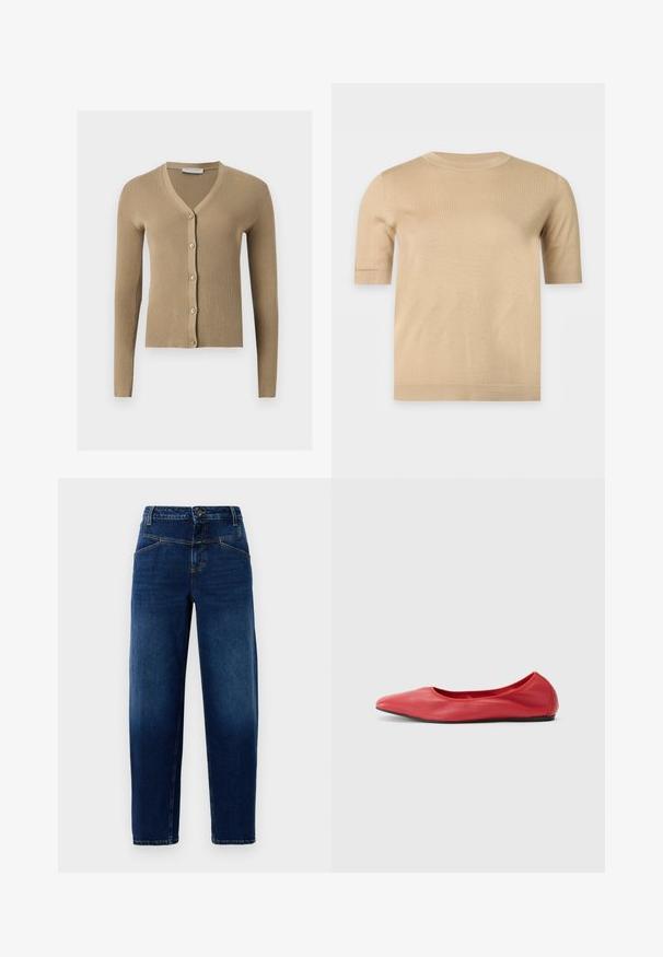 Cardigan beige en maille côtelée avec encolure en V, manches longues et cinq boutons à l'avant.; Pull en tricot beige à manches courtes avec un col rond et un ourlet droit, présenté sur un fond clair uni.; Jean en denim bleu foncé avec une coupe droite, cinq poches, fermeture par bouton supérieur et coutures orange.; Filippa K REY FLATS - Ballerines - bright red