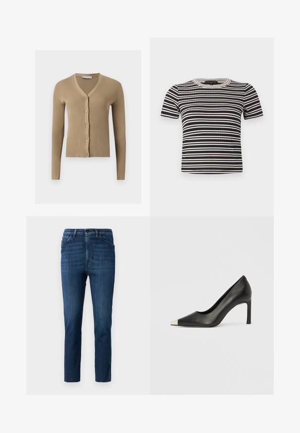 Beige ribstrikket cardigan med V-hals, lange ærmer og fem knapper foran.; Sort og hvidt vandretstribet kortærmet ribstrikket top med rund halsudskæring og en slank pasform.; Blå slim-fit jeans med klassisk fem-lomme design og knaplukning, med subtil fading og ren lige ben skæring.; Sort læder højhælet sko med spids tå og metal-sølv hætte. Har en glat finish og en slank hæl på 10 cm.
