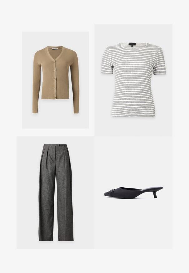 Cardigan beige en maille côtelée avec encolure en V, manches longues et cinq boutons à l'avant.; Chemise à manches courtes rayée horizontale grise et blanche avec un col rond et un tissu texturé sur un fond uni.; Pantalon gris taille haute à jambes larges avec un motif à carreaux subtil et des plis à l'avant, présenté sur un fond clair uni.; Mule pour femmes noires avec bout pointu, empeigne en tissu, petit talon bobine et un nœud décoratif à l'avant, présenté en profil latéral.