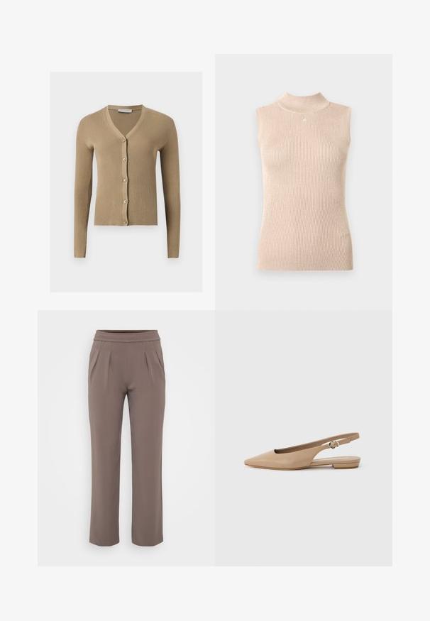 Cárdigan de punto beige acanalado con escote en V, mangas largas y cinco botones delanteros.; Top sin mangas y de cuello alto en punto acanalado beige suave. Presenta un brillo sutil, forma ajustada y un pequeño logo en el escote.; Pantalones sueltos color topo con cinturilla elástica y pliegues frontales, hechos de una tela suave.; Zapato plano beige de punta puntiaguda con talón descubierto, tacón pequeño y correa ajustable con hebilla sobre un fondo claro liso.