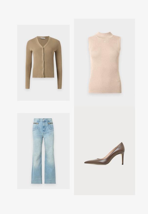 Cardigan beige en maille côtelée avec encolure en V, manches longues et cinq boutons à l'avant.; Haut sans manches à col montant en maille côtelée beige doux. Présente un léger éclat, une forme ajustée et un petit logo au niveau de l'encolure.; Jean bleu clair taille haute à jambes larges avec poches avant dotées de détails de fermeture éclair dorés et fermeture par bouton à la taille.; Chaussure à talon haut en cuir marron à bout pointu avec un talon aiguille fin et une finition lisse sur un fond clair.