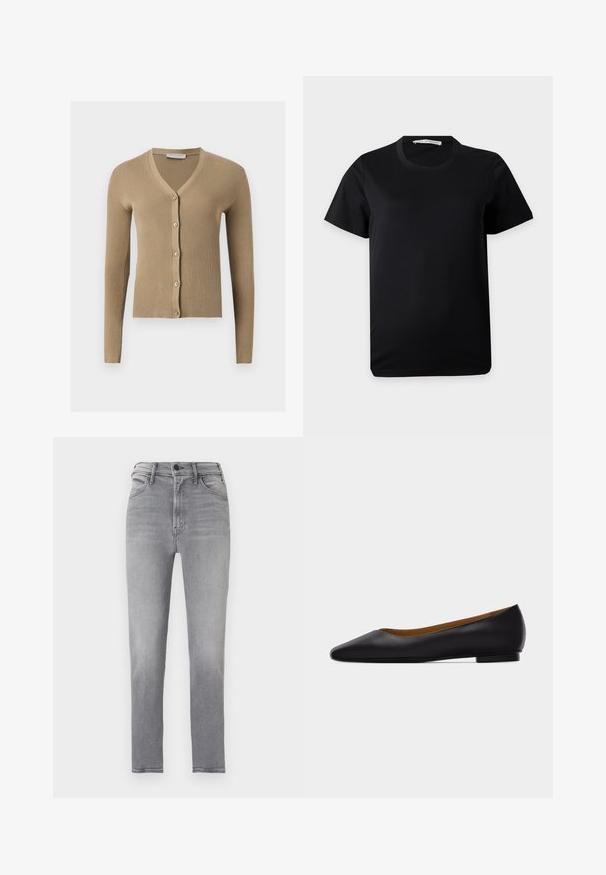 Cardigan beige en maille côtelée avec encolure en V, manches longues et cinq boutons à l'avant.; T-shirt noir uni à manches courtes et col rond, posé à plat sur un fond blanc avec une étiquette de marque visible à l'intérieur du col.; Jean gris taille haute coupe slim avec bouton à l'avant, fermeture éclair et design à cinq poches, présenté sur un fond uni.; Chaussure plate en cuir noir à bout pointu avec talon bas et finition lisse, vue de côté sur un fond gris clair.