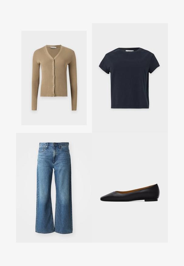 Cardigan beige en maille côtelée avec encolure en V, manches longues et cinq boutons à l'avant.; T-shirt noir uni à manches courtes et col rond avec un ourlet droit sur un fond gris clair.; Jean en denim bleu à jambes larges avec une taille mi-haute, cinq poches et un léger dégradé. Caractéristiques : passants de ceinture et détails cousus.; Chaussure plate en cuir noir à bout pointu avec talon bas et finition lisse, vue de côté sur un fond gris clair.