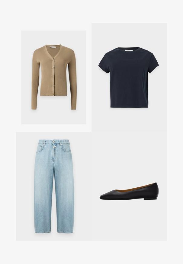 Cardigan beige en maille côtelée avec encolure en V, manches longues et cinq boutons à l'avant.; T-shirt noir uni à manches courtes et col rond avec un ourlet droit sur un fond gris clair.; Jean en denim bleu clair à coupe droite, avec des rayures verticales, une fermeture à boutons et zip sur le devant, et un style à cinq poches.; Chaussure plate en cuir noir à bout pointu avec talon bas et finition lisse, vue de côté sur un fond gris clair.