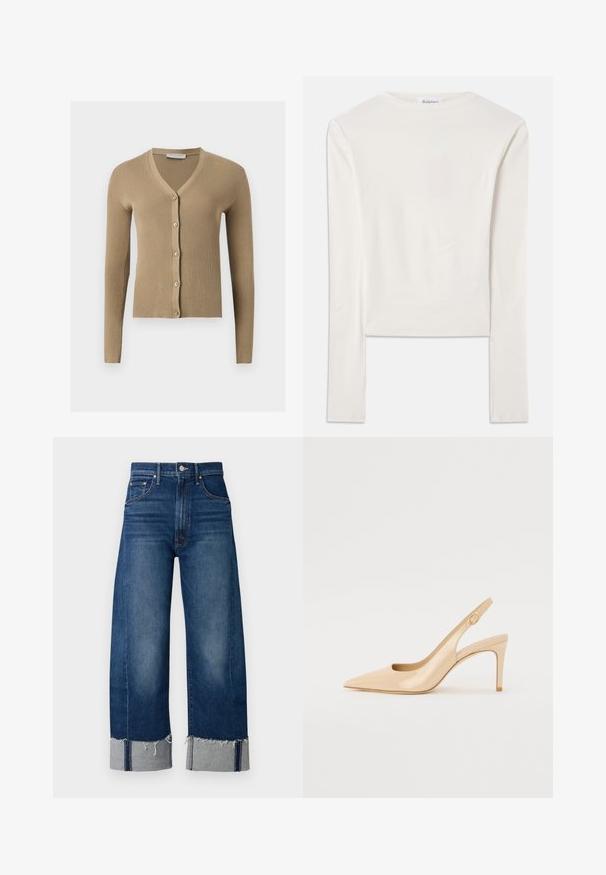 Beige ribstrikket cardigan med V-hals, lange ærmer og fem knapper foran.; Hvid langærmet top lavet af bomuld, med en simpel rund hals og en slim fit. Stof er glat med en let stræk.; Mørkeblå denim bukser med brede ben, frayed afslutning og lyse grå manchetter. Har et traditionelt fem-lomme design.; Nude patenteret læder slingback hæl med spidse tæer, åben vamp og en tynd stiletto hæl. Har et cirkulært guldfarvet element på remmen.