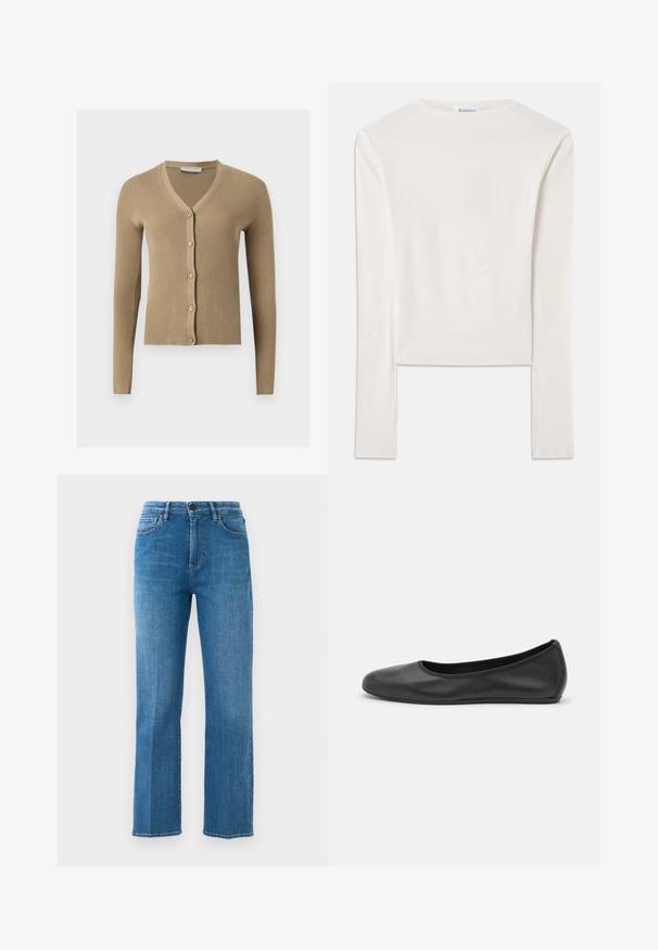 Beige ribstrikket cardigan med V-hals, lange ærmer og fem knapper foran.; Hvid langærmet top lavet af bomuld, med en simpel rund hals og en slim fit. Stof er glat med en let stræk.; Lige ben, blå denim jeans med forlommer, bæltestropper, lynlås og knaplukning mod en ensfarvet hvid baggrund.; Sort læderballetsko med rund tå, glat tekstur, minimal syning og et fleksibelt såldesign.